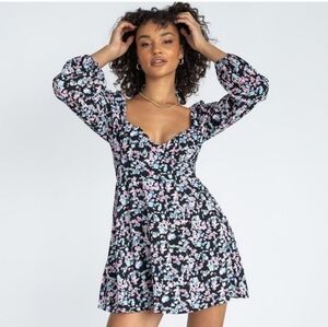 Princess Polly Kassie Long Sleeve Mini Dress in Black Floral Size 2